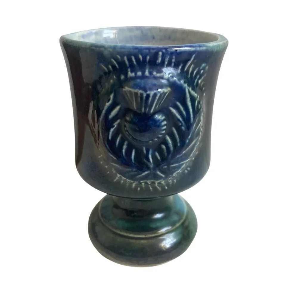 Vintage Thistle Goblet Crest Ceramics Scotland Blue Green Mini Vase Mid Century